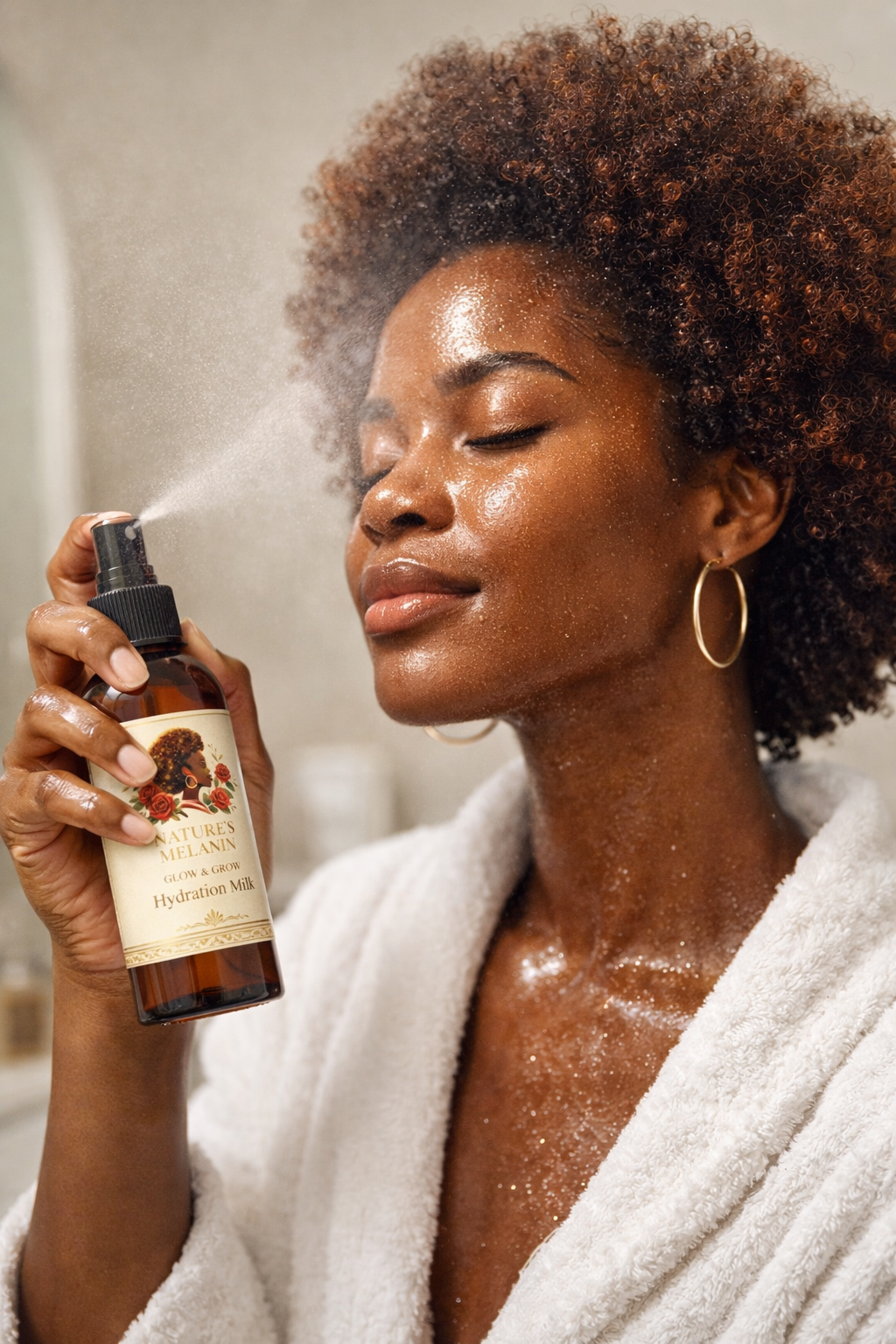 Woman applying a skincare product from a bottle with a label in a bathroom setting.