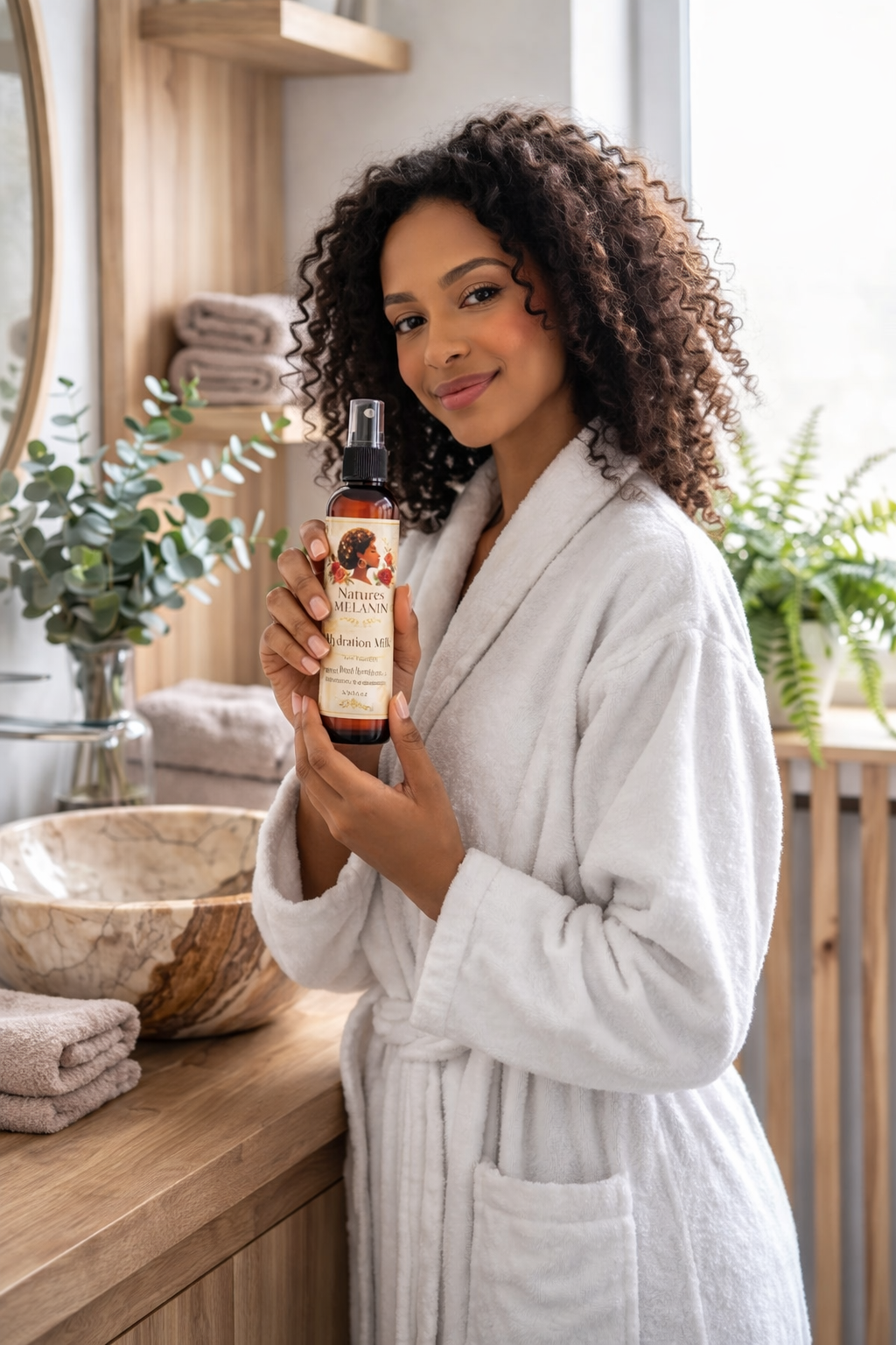 Woman in a bathrobe holding a bottle of Hydrating Hair Milk in a bathroom setting