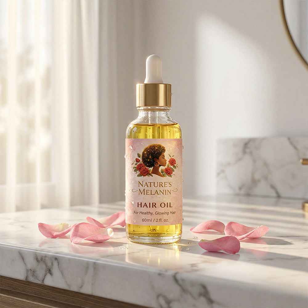 Bottle of Natures' Melanin hair oil with a dropper on a marble surface with pink petals.