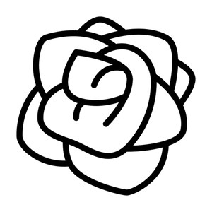 Black line drawing of a rose on a white background