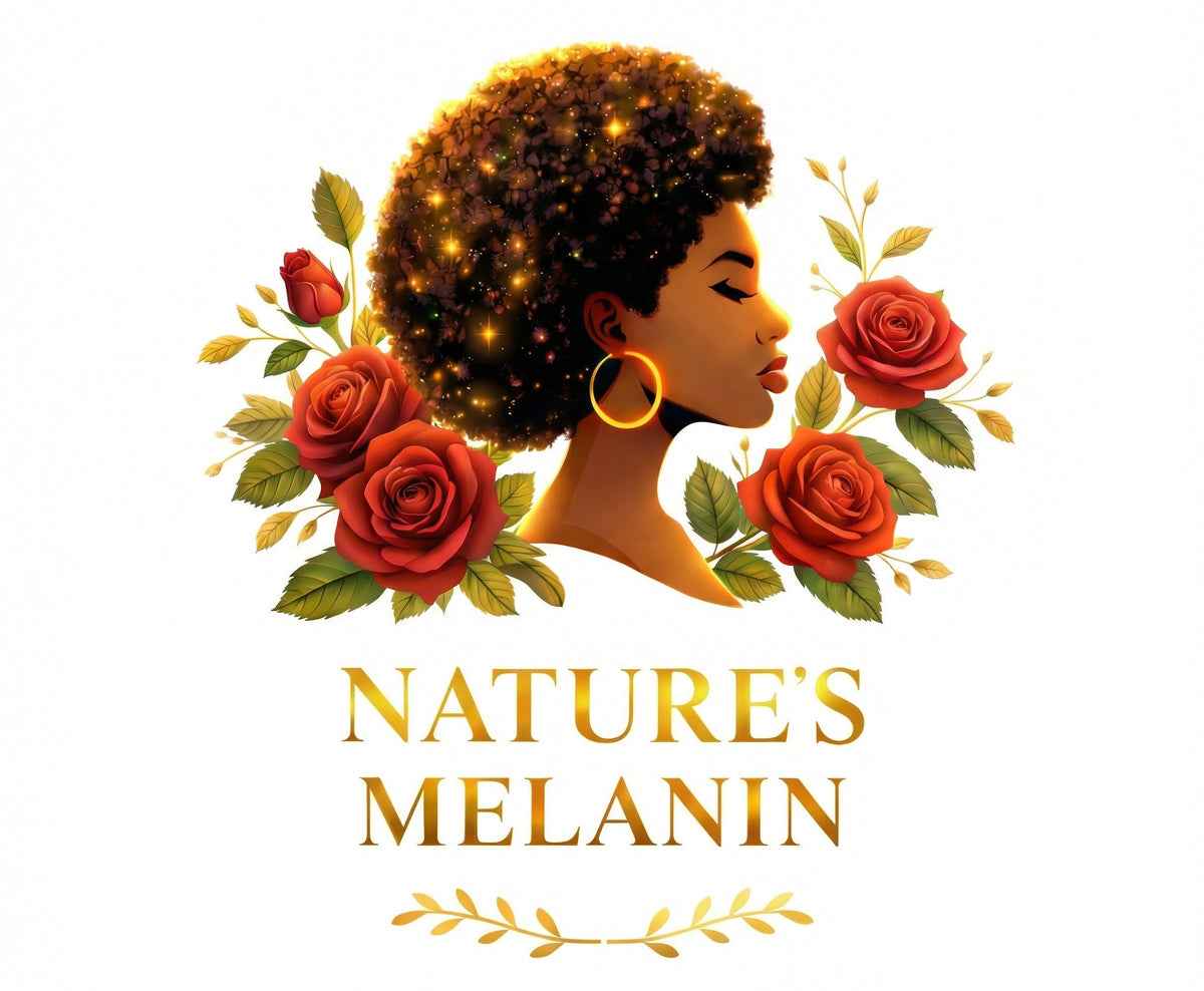 Logo with a woman's face, textured hair, and red roses with 'Nature's Melanin' text.